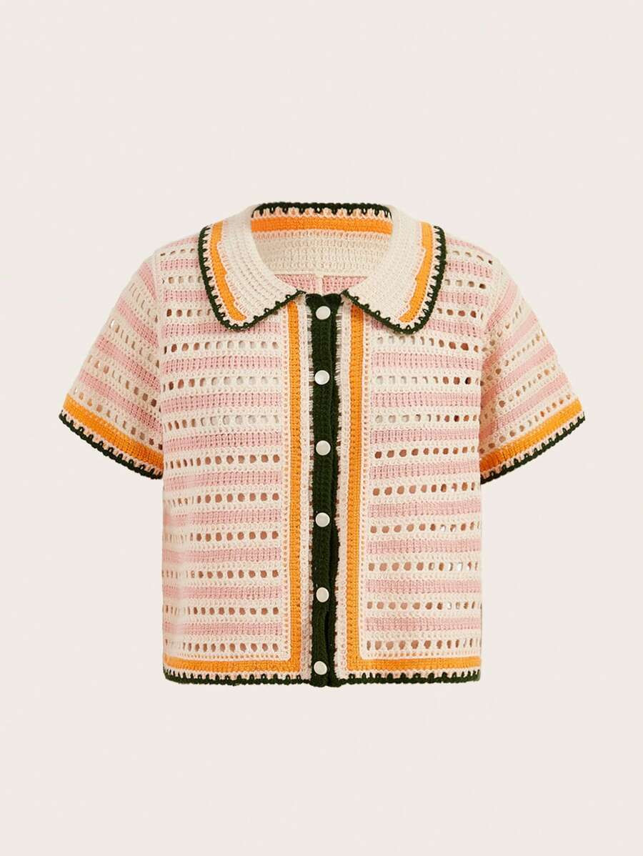 SHEINNeu Casual Women Hollow Out Peter Pan Collar Knitted Top | SHEIN