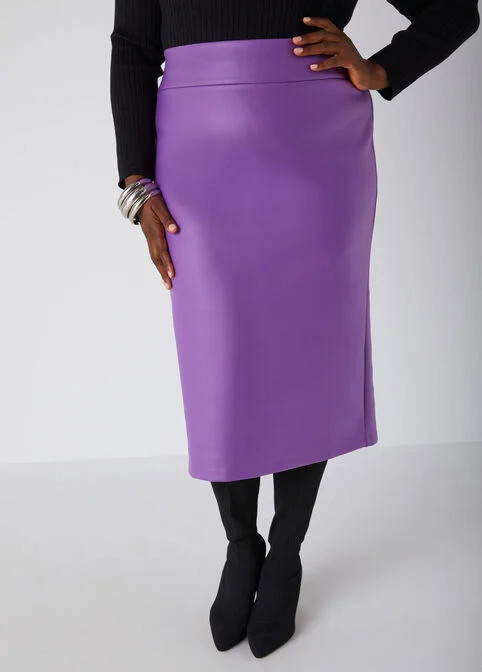 Faux Stretch Leather Midi Skirt | Ashley Stewart
