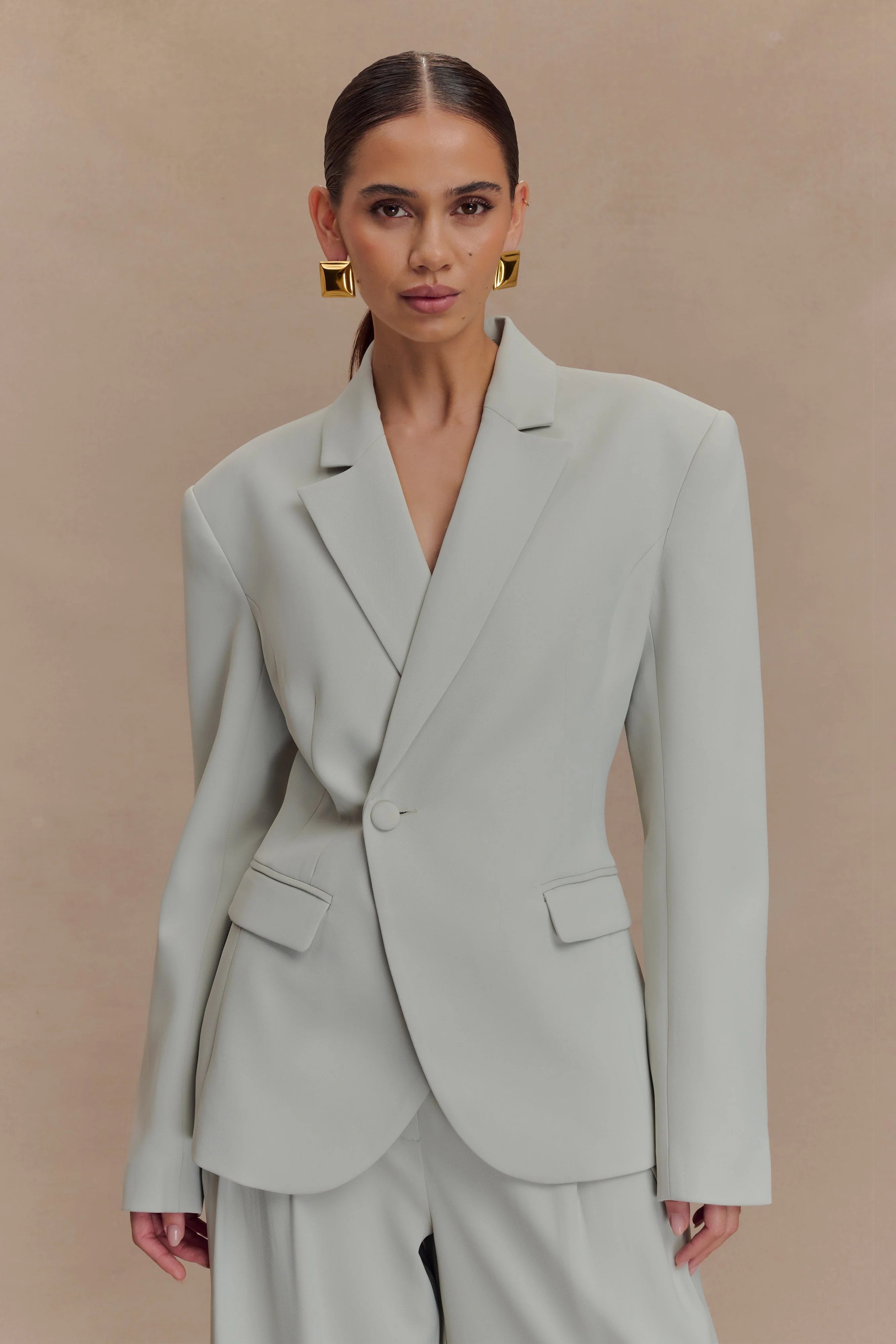 Cinched Suiting Blazer - Light Sage | MESHKI US