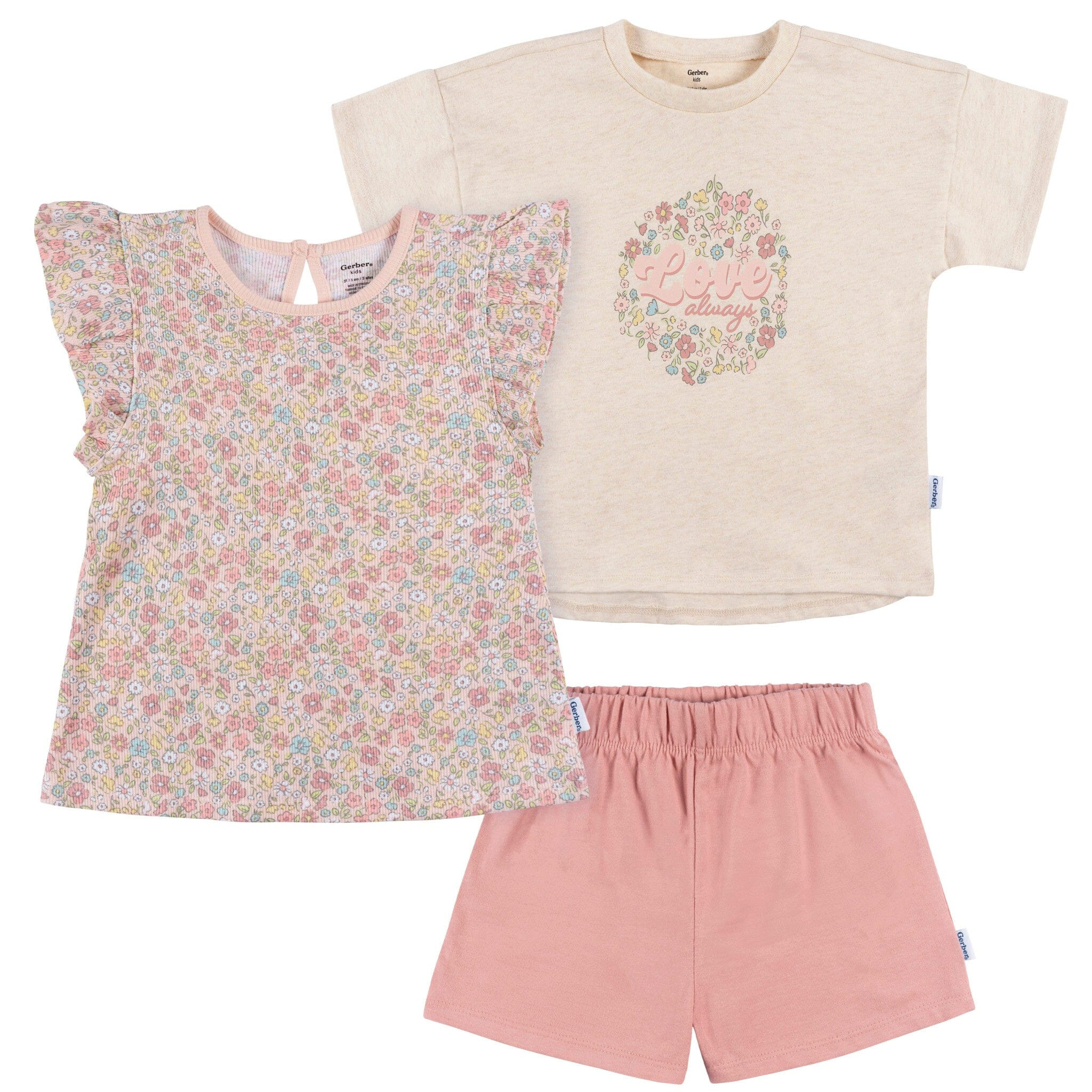 3-Piece Infant & Toddler Girls Pink Floral Shirts and Shorts Set | Gerber Childrenswear