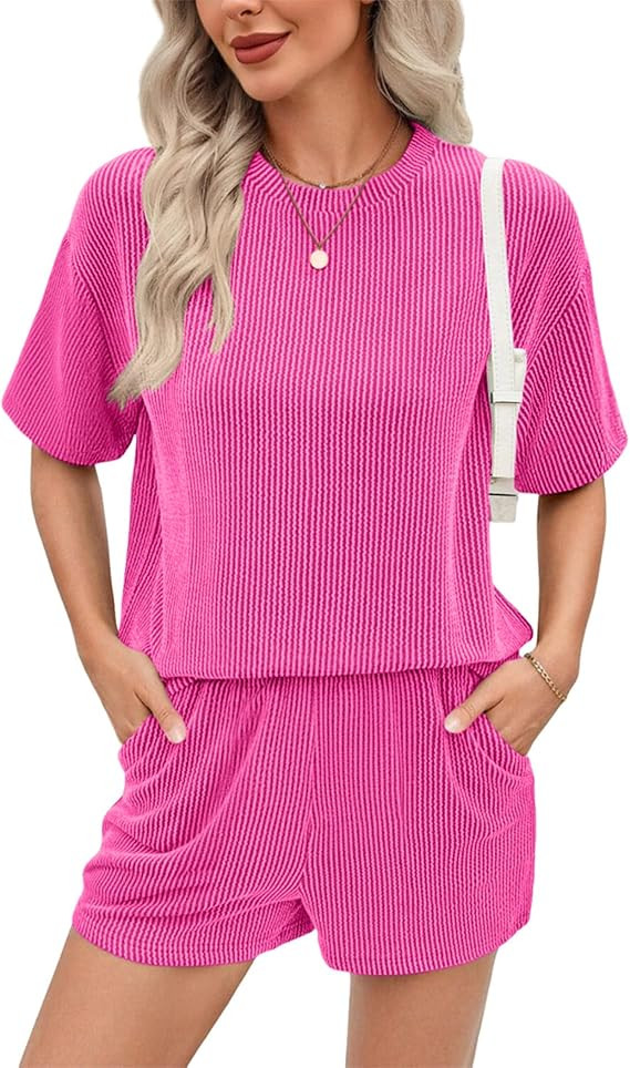 Ekouaer Short Sets for Women 2 Piece Outfits Summer Loose Lounge Set Ribbed Textured Knit Short S... | Amazon (US)