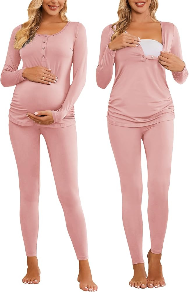 Ekouaer Women's Button Down Nursing Thermal Underwear Maternity Pajamas Microfiber Fleece Lined W... | Amazon (US)