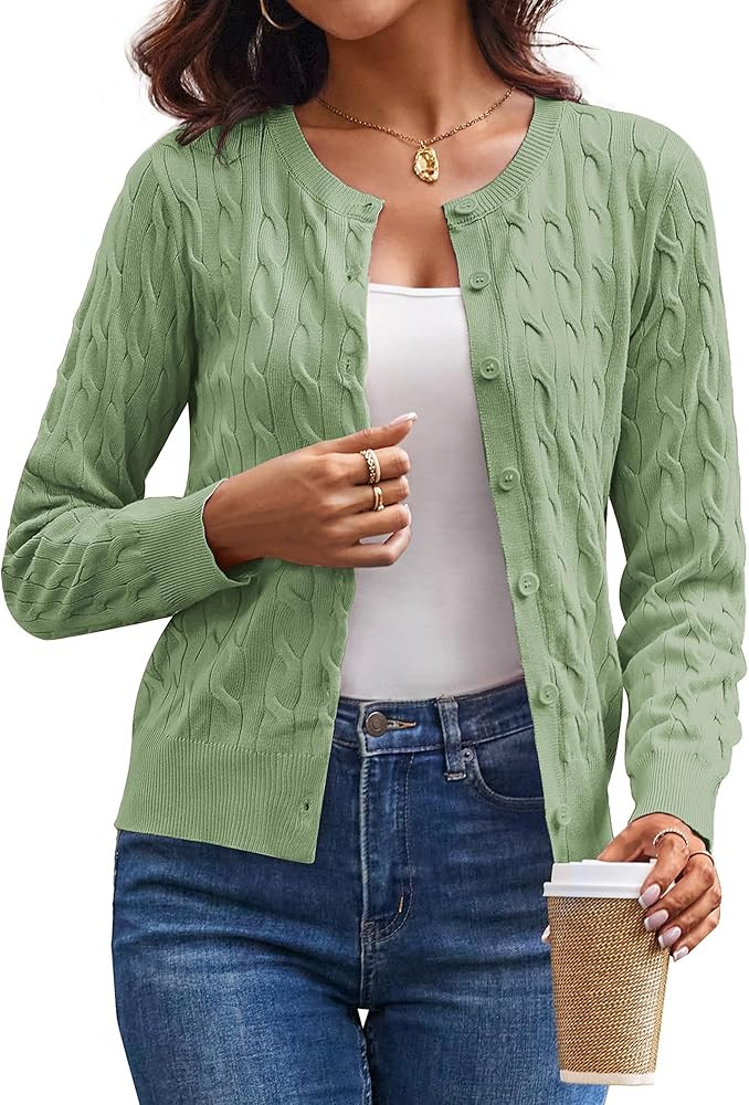 GRACE KARIN Womens Long Sleeve Button Up Cable Knit Cardigan Lightweight 2026 Crewneck Button Dow... | Amazon (US)