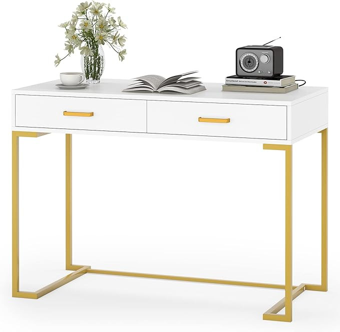 Tribesigns 40 Inch Computer Desk, White and Gold Desk with 2 Drawers, Modern Simple Home Office D... | Amazon (US)