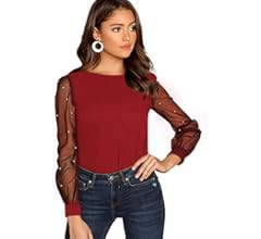 Floerns Women's Pearl Sheer Mesh Long Sleeve Tops Blouse | Amazon (US)