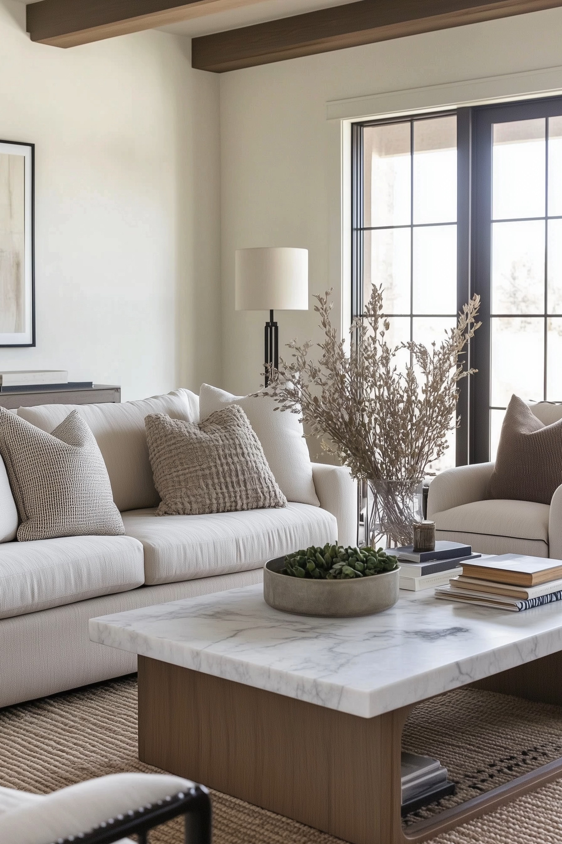 Soft Neutral Living Room Refresh — an organic modern space with a creamy sofa, textured taupe and boucle pillows, black grid French doors, and warm wood ceiling beams. A marble-top coffee table with curved wood base is styled with stacked books, a stone bowl of succulents, and airy dried branches, all layered over a chunky jute rug for a cozy, elevated look.

🖤 If you want to see more content like this, FOLLOW maeveandmodern on LTK, Instagram, and Pinterest! Check out our blog where we post daily, maeveandmodern.com!

Neutral living room | Organic modern decor | Cream sofa | Textured throw pillows | Boucle accent pillow | Marble coffee table | Curved wood base | Coffee table styling | Dried branch arrangement | Black grid doors | Wood ceiling beams | Chunky jute rug | Minimal abstract art | Cozy modern home | Warm earthy tones | Layered neutrals
  

 

#LTKHome #LTKSaleAlert #LTKFindsUnder100 #LTKSeasonal #LTKHome #LTKSaleAlert