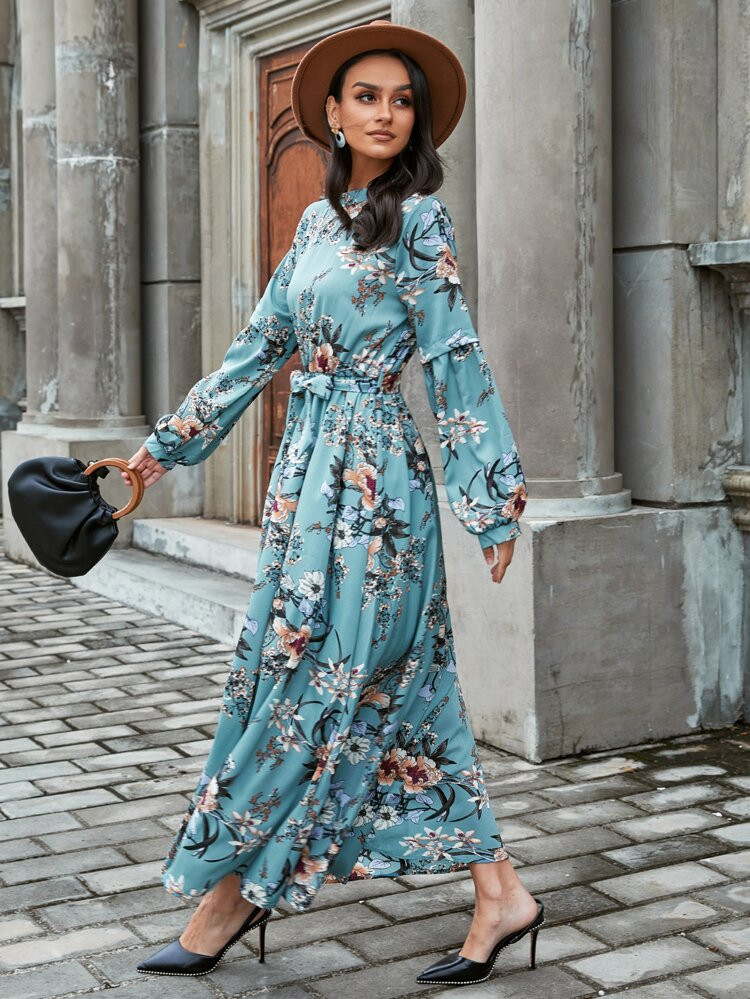 Allover Floral Print Self Tie Swing Maxi Dress | SHEIN