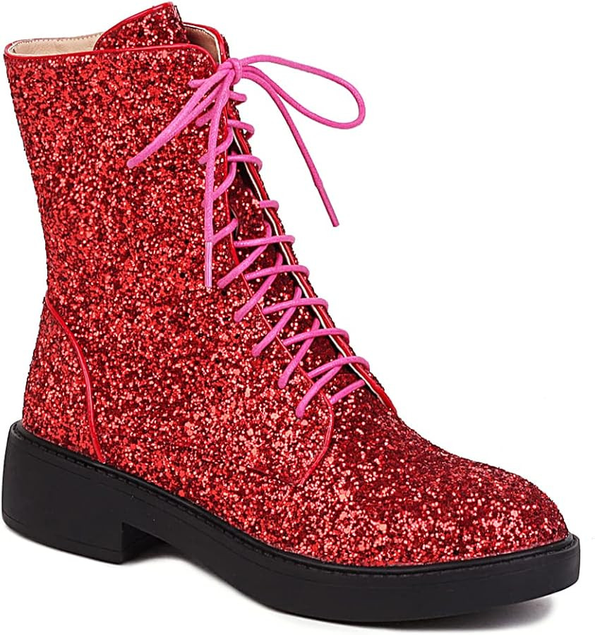 YIYA Women's Lace Up Glitter Sequin Combat Boots Round Toe Chunky Low Heel Side Zipper Sparkly An... | Amazon (US)