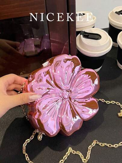 Luxury Shiny ABS Material Flower Shaped Mini Clutch Handbag Buckle Metal Bead Chain Shoulder Bag Women Party Charming Gift, Suitable For Dating, Shopping, Going Out, Commuting, Daily Matching, Fashion Niche Design, Women Bag | SHEIN