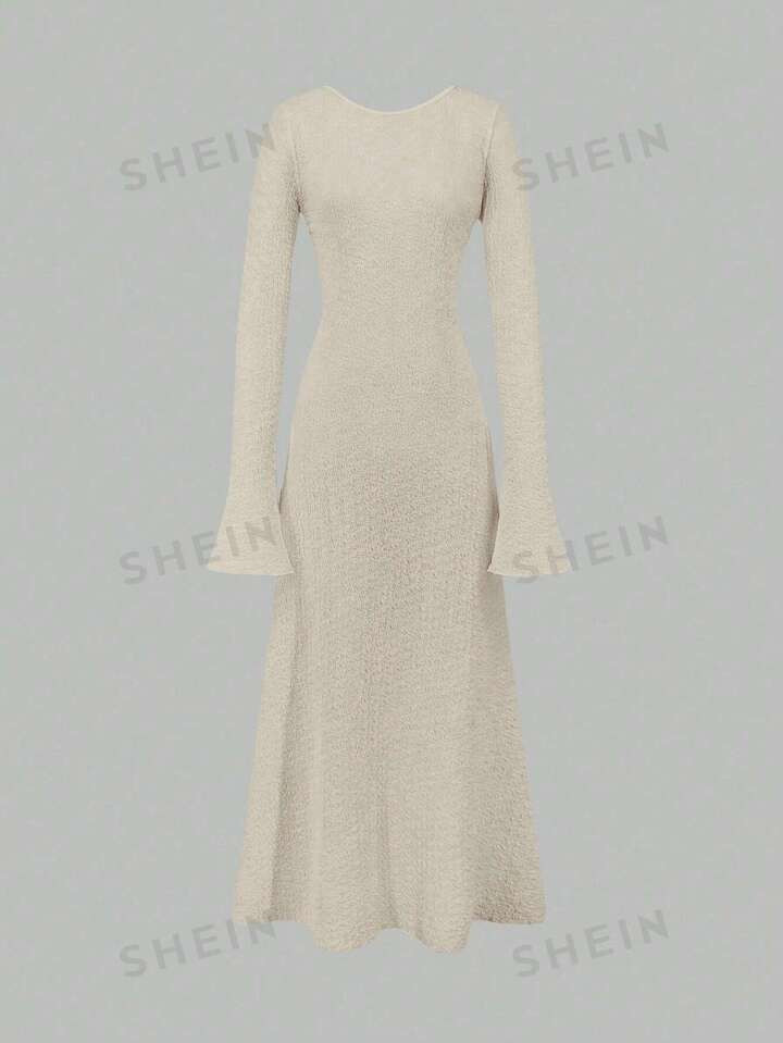 SHEIN MOD Women's Solid Color Round Neck Bell Sleeve Textured Fabric Ruffle Hem Stylish Dress | SHEIN