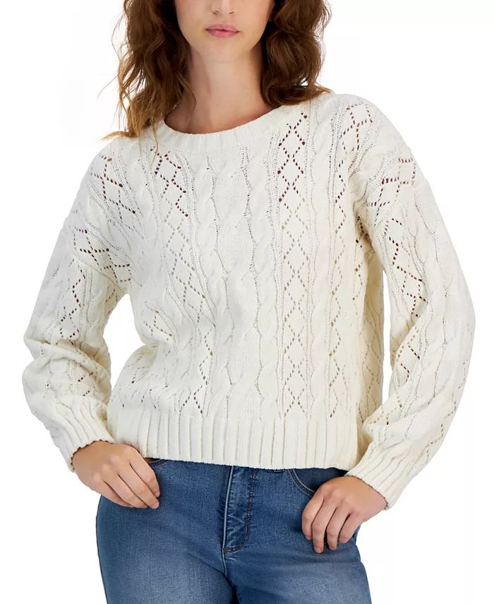 Juniors' Crewneck Cozy Chenille Cable-Knit Sweater | Macy's