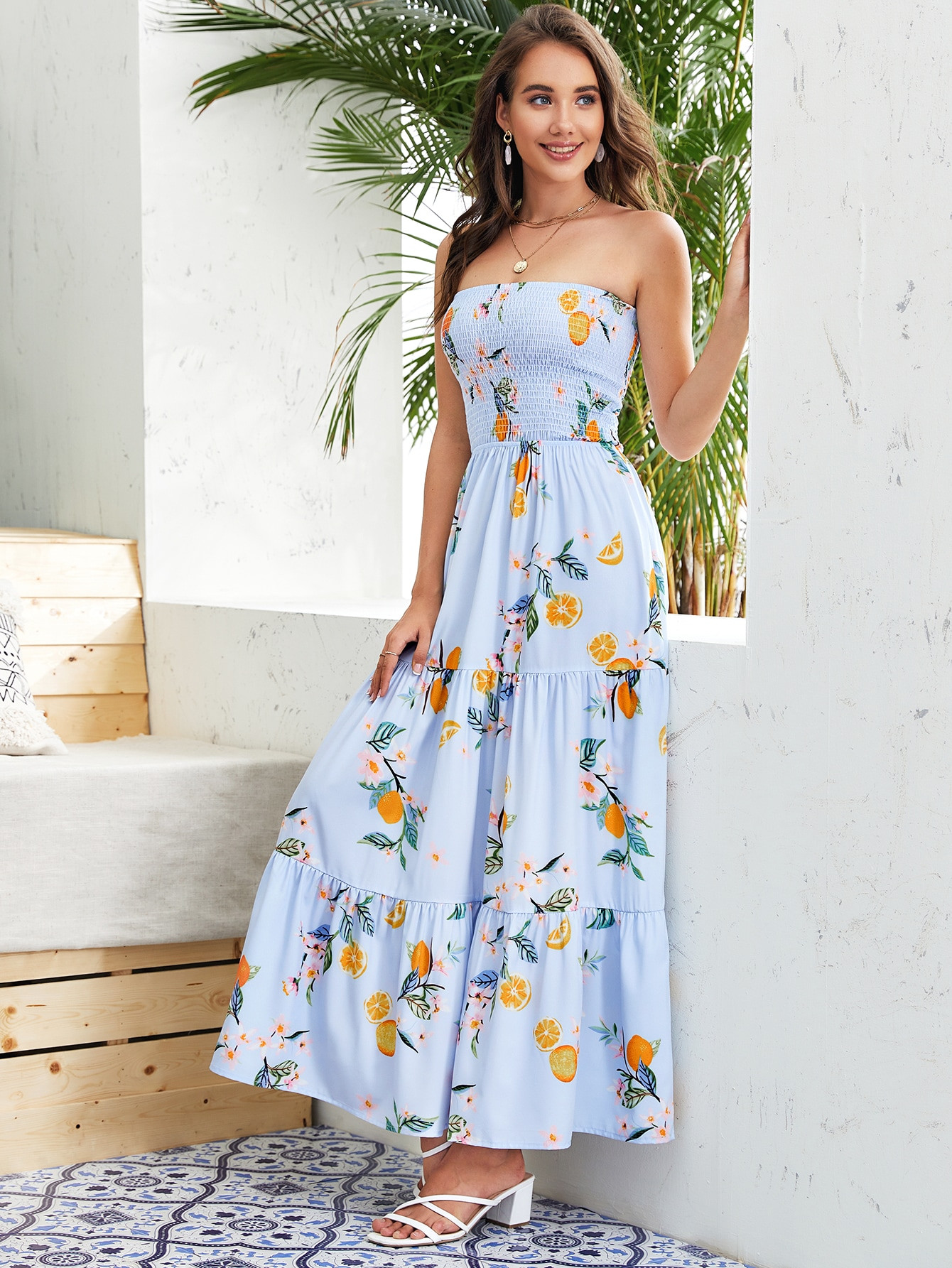 Fruit And Floral Print Shirred Tube Dress | SHEIN