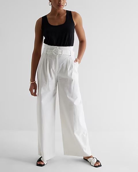 Super High Waisted Linen-blend Belted Paperbag Wide Leg Pant | Express