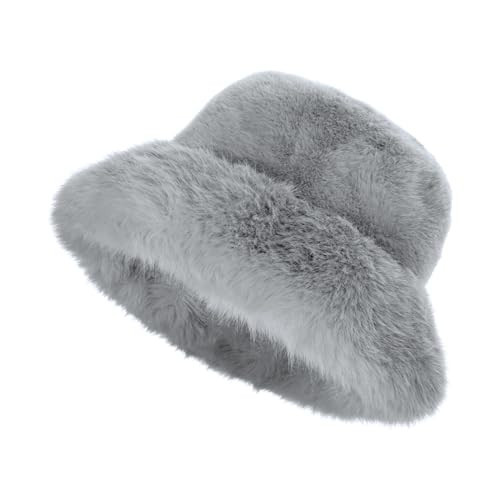 Yonchic Winter Soft Faux Fur Plush Bucket Hat, Lovely Fuzzy Fisherman Cap, Fashion Outdoor Thick Warm Sun Cap for Women (Gray) | Amazon (US)