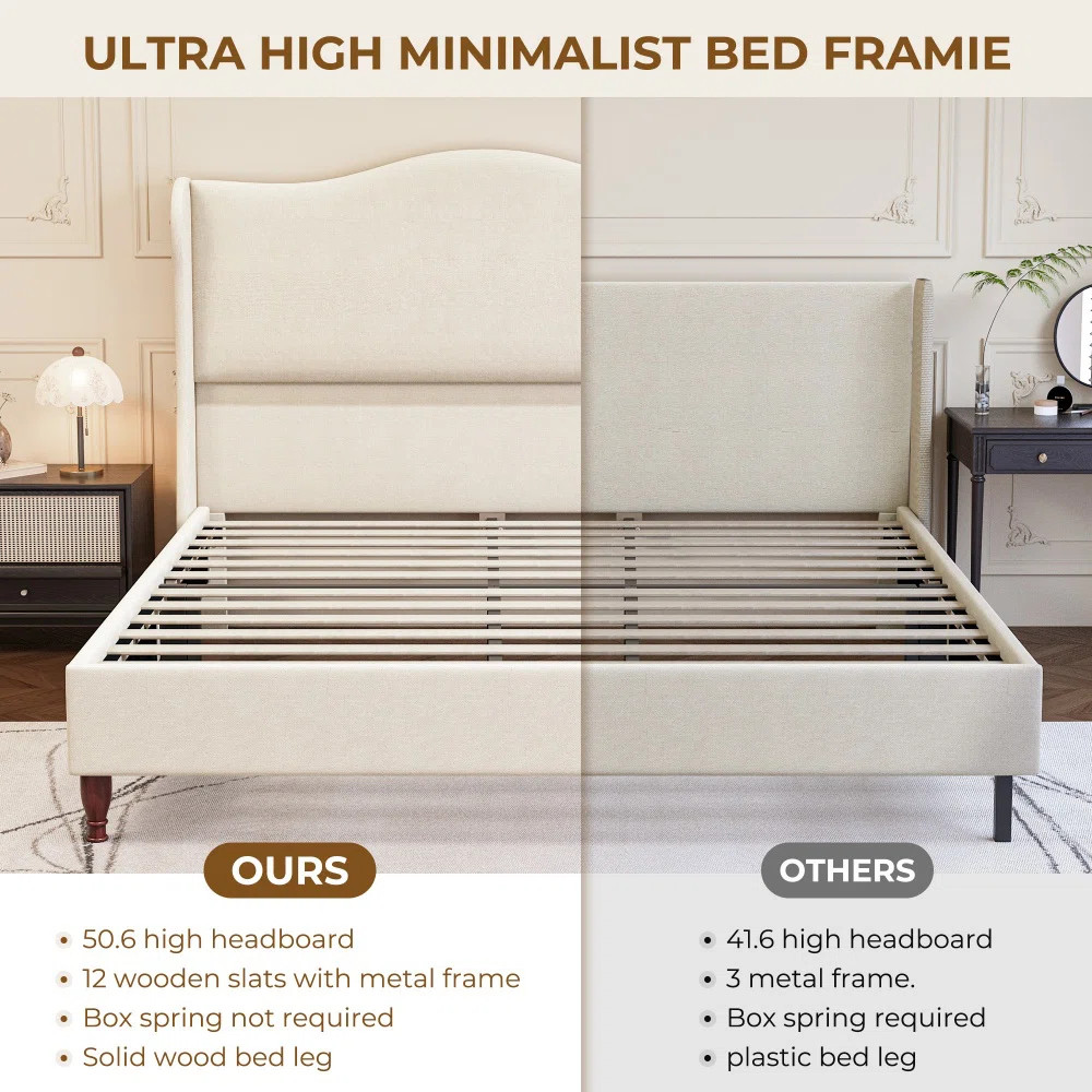 Queen Size Wingback Platform Bed Frame with Tall Headboard-Beige | Wayfair North America