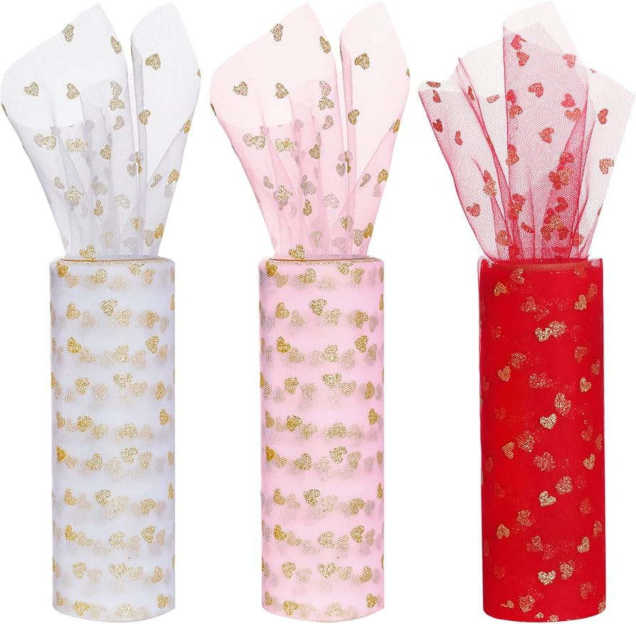 choyaxo 3 Rolls Valentine Tulle Roll for Wreath Making Skirt Bow DIY Valentine's Day Wedding Deco... | Amazon (US)