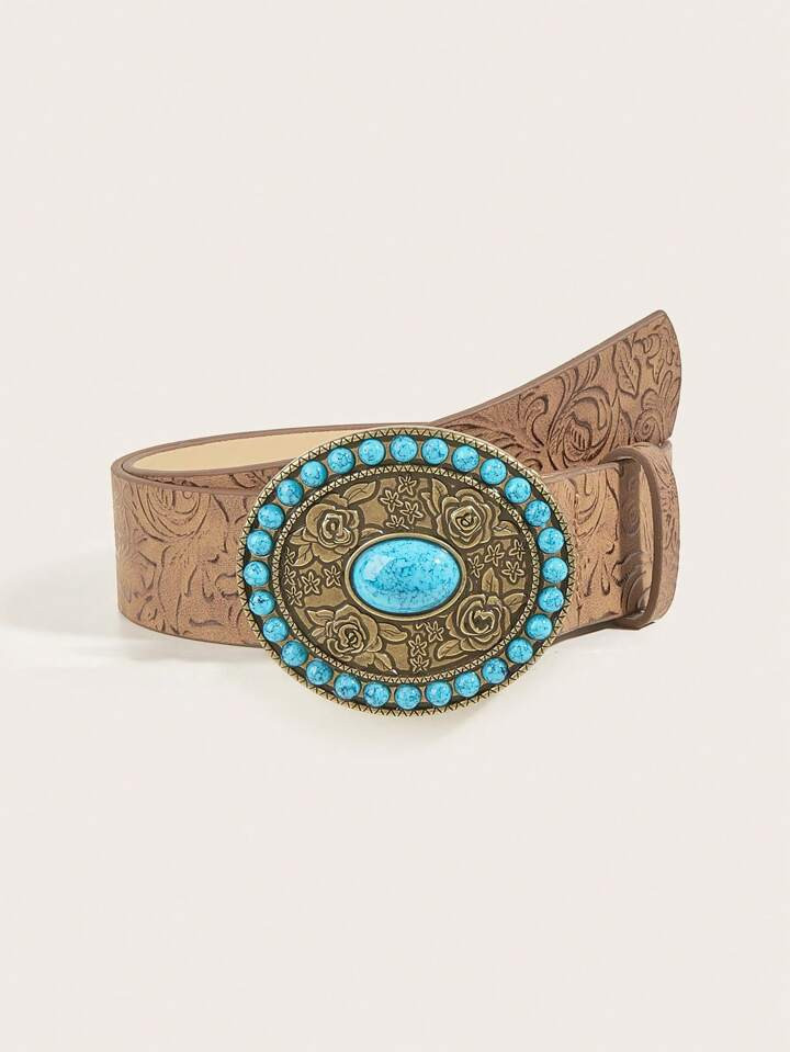 1pc Women's Fashionable And Versatile Western Style Pu Belt With Turquoise Inlay And Buckle Decor... | SHEIN