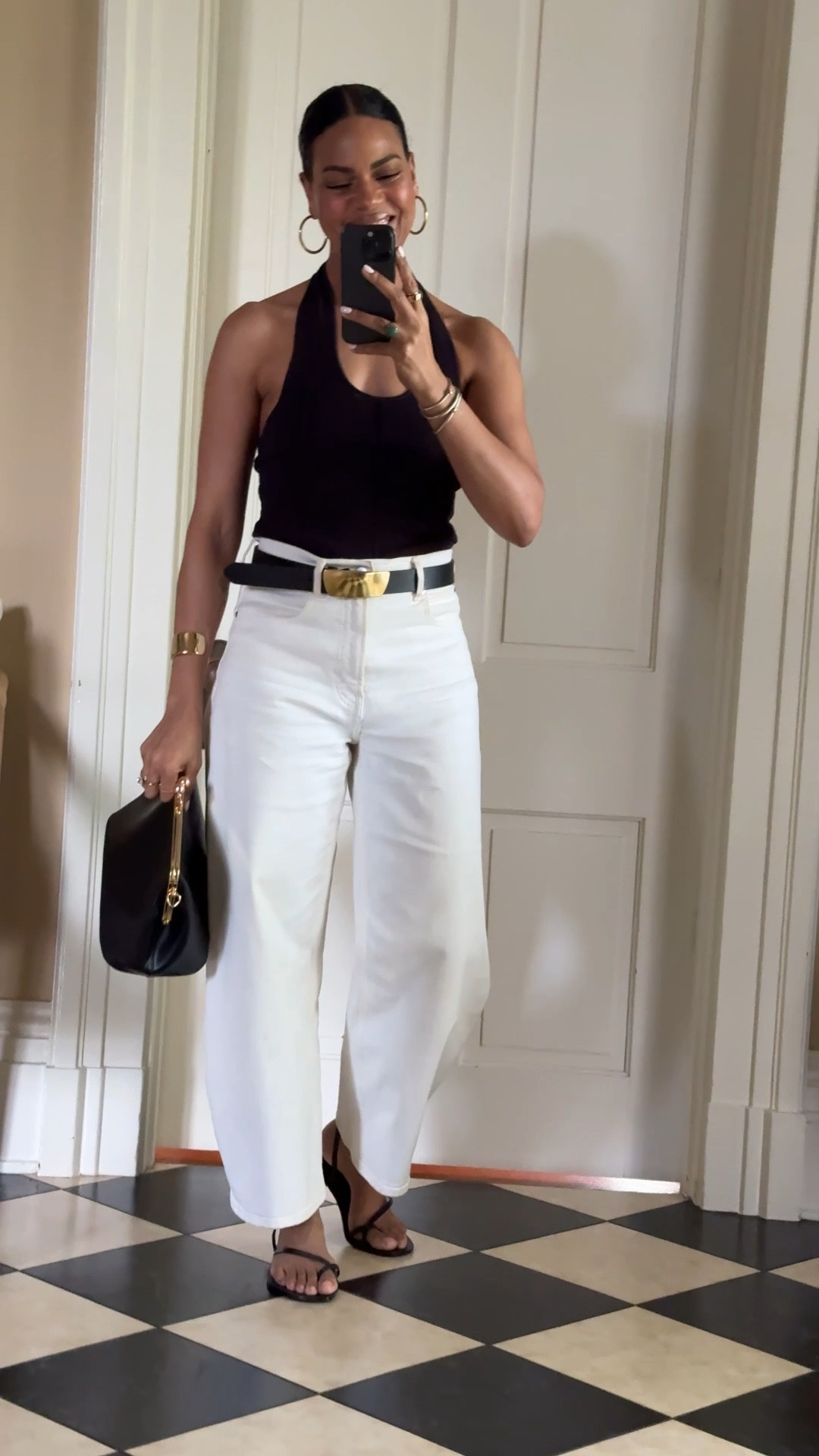 OOTD: my fave barrel jeans (always size up!), halter neck top, gold hardware sandals, gold hardware belt, kiss lock bag, & 2” gold hoops. 

#LTKOver40 #LTKWatchNow #LTKStyleTip