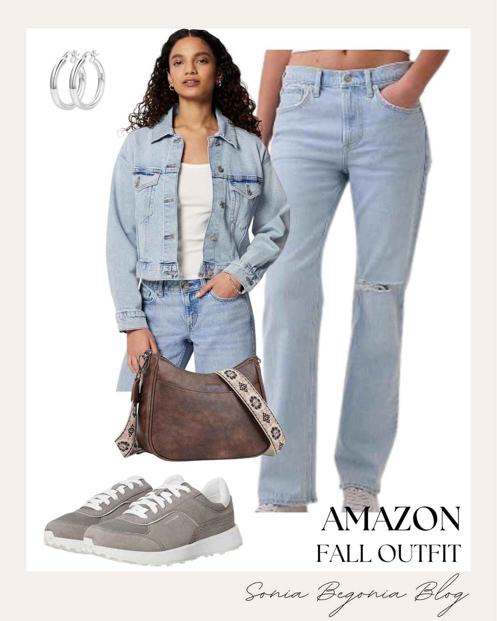 Casual denim-on-denim fall look! 👖 I styled a light wash denim jacket over a classic white tee with matching distressed straight-leg jeans.  
I completed the outfit with comfy gray sneakers, a brown shoulder bag with a patterned strap, and simple silver hoop earrings.
