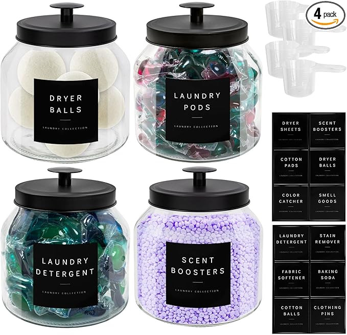 4 Pack Laundry Room Organization and Storage Containers 64 Oz With Labels, Half Gallon Glass Laun... | Amazon (US)