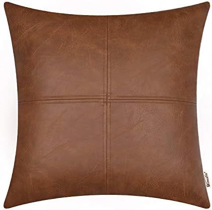 BRAWARM Brown Faux Leather Throw Pillow Covers 14 X 14 Inches, Brown Throw Pillow Covers, Hand St... | Amazon (US)