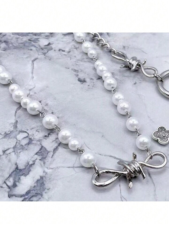 2pcs Gothic Style Alloy Exaggerated Faux Pearl Imitation Thorn Cross Chain Necklace, Unisex Hip-H... | SHEIN