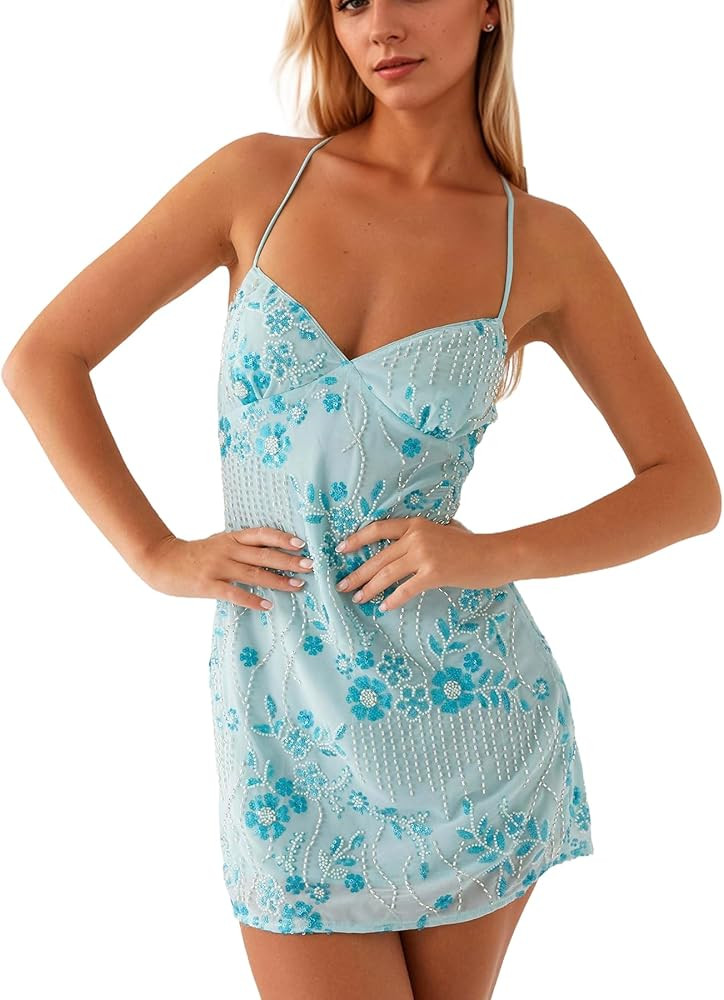 Women Sequin Sparkly Rhinestone Mini Dress Sleeveless Backless Deep V Neck Glitter Short Cami Dre... | Amazon (US)