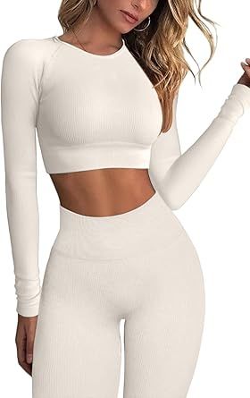 QINSEN Seamless Workout Outfits for Women 2 Piece Ribbed Long Sleeve Crop Top Tummy Control Leggi... | Amazon (US)