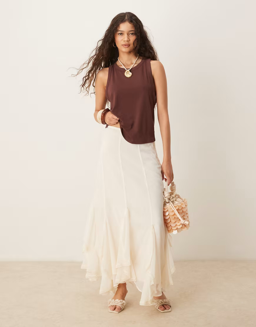 ASOS DESIGN lace and ruffle chiffon maxi skirt in cream-White | ASOS (Global)