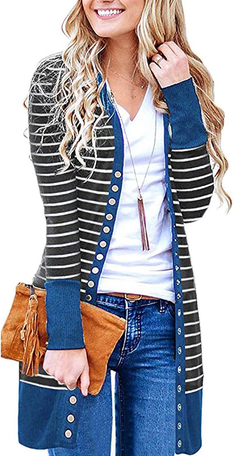 CinShein Women's Striped Cardigan Button Down Knitwear Striped Long Sleeve Knit Ribbed Neckline S... | Amazon (US)