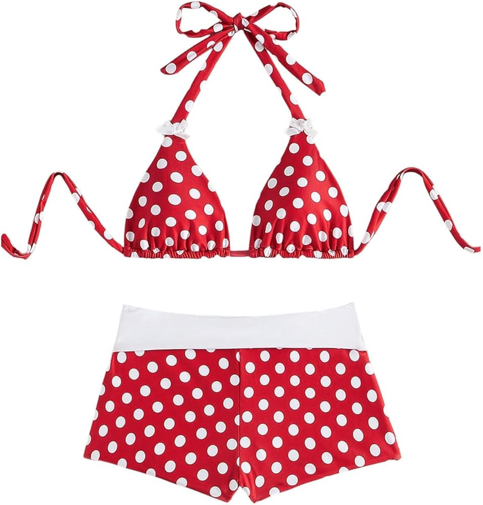 WDIRARA Women's Polka Dots Halter Bikini Set Tie Back Triangle 2 Piece Swimsuit with Boyshorts | Amazon (US)
