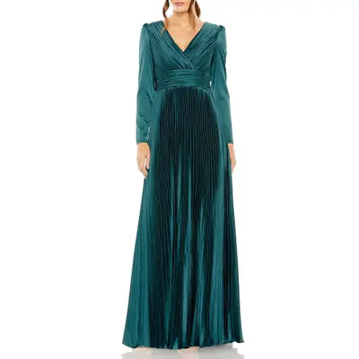 Mac Duggal Long Sleeve Faux Wrap Pleated Satin Gown in Ocean at Nordstrom, Size 12 | Nordstrom