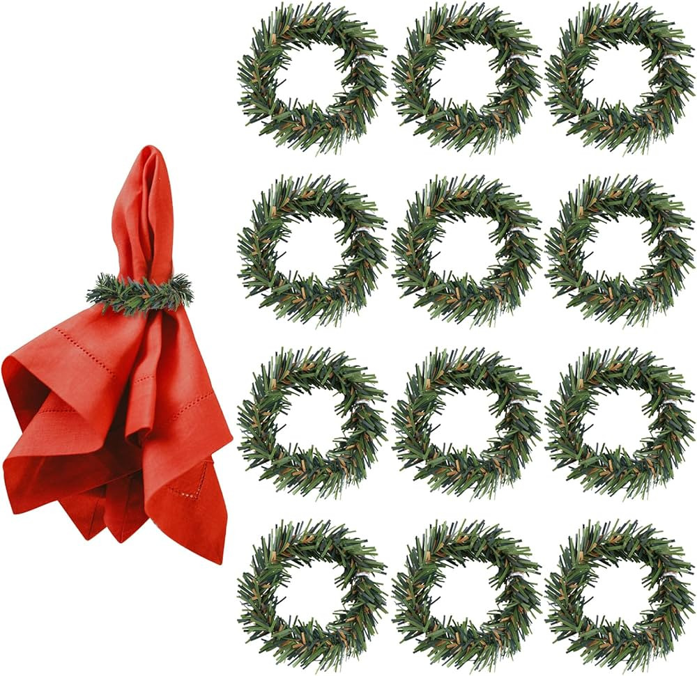 Amaxiu Christmas Napkin Rings, Set of 12 Pine Needles Napkin Holder with Red Berry Xmas Rattan Se... | Amazon (US)