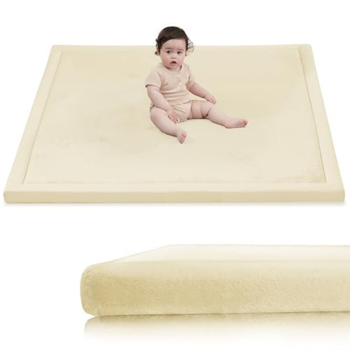 Huloo Sleep Baby Play Mat for Floor, 1.3" Thick Elasti-Foam 50x50 Playpen Mat for Toddlers Infant Kids,Water-Repellent Soft Velvet for Tummy Time, Non-Slip Backing for Crawling, Tatami Style(Vanilla) | Amazon (US)