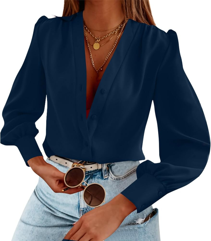 Women's Business Casual Tops Summer Long Sleeve Silk Button Down Shirts V Neck Chiffon Blouses… | Amazon (US)