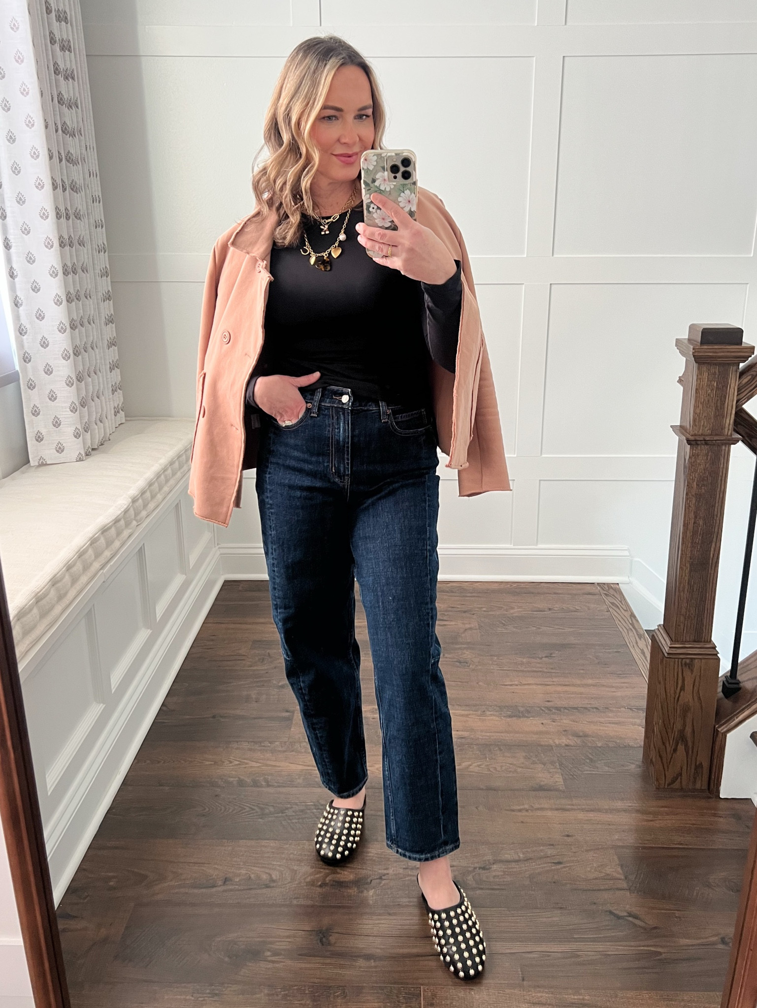 Monday let’s do this! Wearing Old Navy, Target and Amazon today! 
Jeans: Baby barrel cut, great if you want to try this trend without spending a lot of $, I’m wearing a size 4 Tall (they run a little short in length). I’m 5’5” for reference. This is the dark wash. I also have them in the medium wash. 
Shoes: Target and they have memory foam! 
Layering Tee: From Amazon and it’s double lined! The length hits right at the waist (not too long, not too short). I’m wearing a medium and it does run on the smaller side so size up if you’re inbetween sizes. 
Jacket: Amazon! Looks so similar to the Frank & Eileen version but this is a fraction of the cost and the quality is so nice. I’m wearing a size small in the khaki color. 
Necklaces: don’t sleep on these! I get tons of compliments on my bubble letter necklace from Anthro and I recently snagged this mixed charm necklace on sale from JCrew 

#LTKOver40 #LTKFindsUnder50 #LTKStyleTip