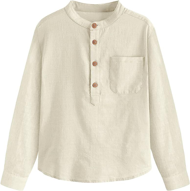 Inorin Boys Button Up Henley Shirt Long Sleeve Lightweight Linen Cotton Dress Shirts Tees Tops with  | Amazon (US)