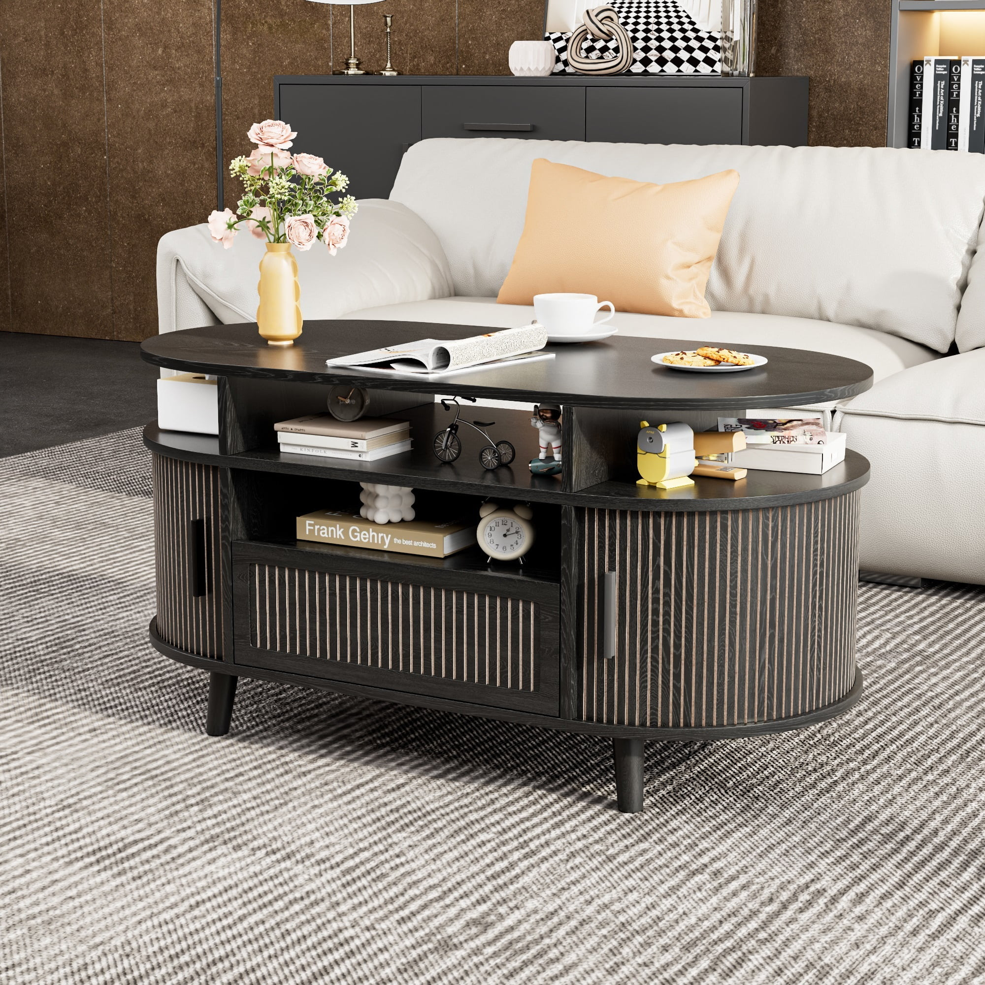 Oval Coffee Table, Mid Century Modern Center Tables with Drawer, Fluted Coffee Table with Sliding... | Walmart (US)