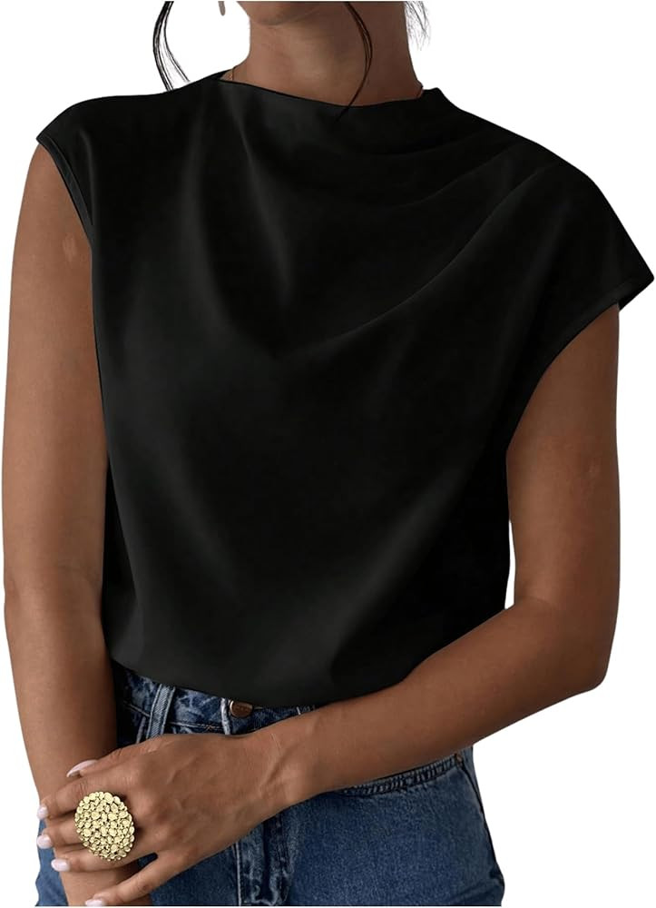 MakeMeChic Women's Draped Neck Tops Cap Sleeve Mock Neck Keyhole Work Shirt Summer Blouse | Amazon (US)