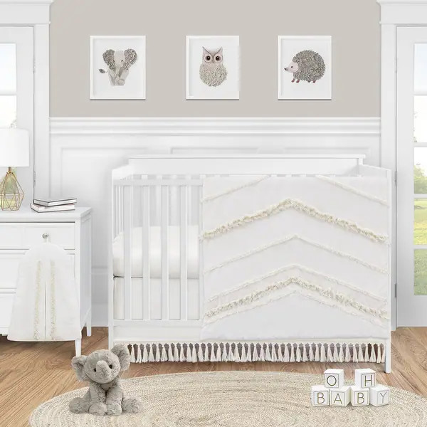 Ivory Gender Neutral Boho Bohemian Collection Girl Boy 4pc Nursery Crib Bedding Set - Off White F... | Bed Bath & Beyond