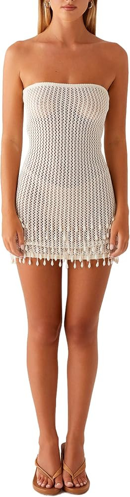 Women's Strapless Floral Tassels Hem Crochet Knit Tube Dress Slim Hollow Out Summer Swimsuit Cove... | Amazon (UK)