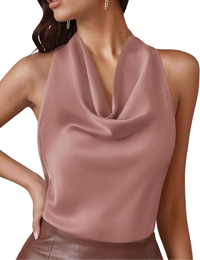 PRETTYGARDEN Silk Satin Halter Tops for Women Summer 2026 Cowl Neck Tie Back Going Out Sleeveless... | Amazon (US)