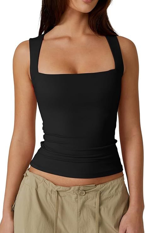 QINSEN Women's Square Neck Sleeveless Double-Layer Tank Tops Basic Tight T Shirts | Amazon (US)