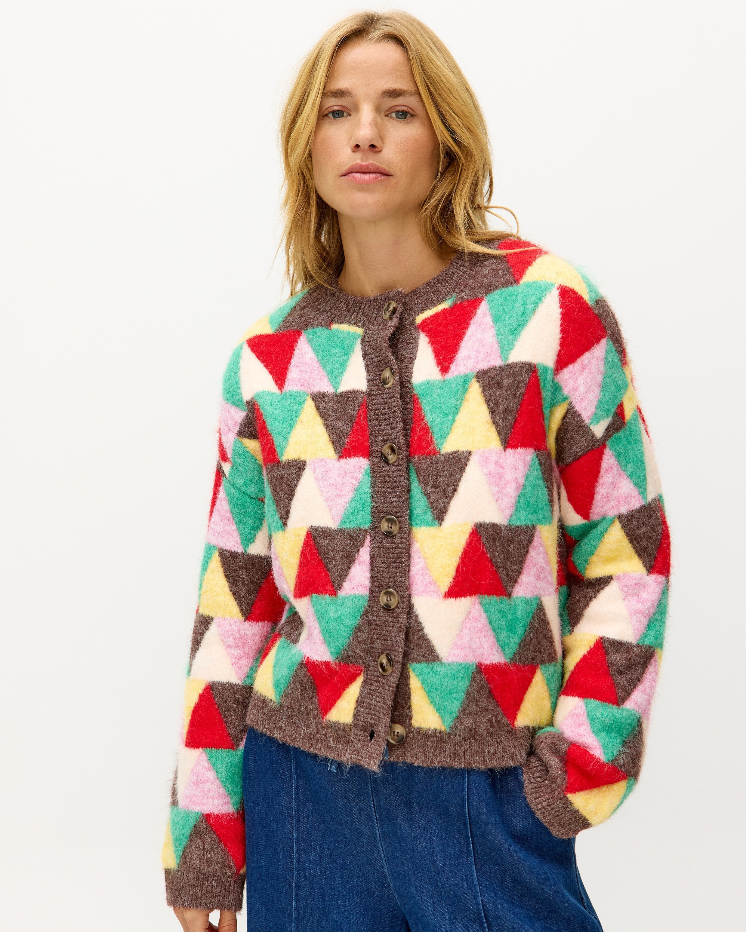 Multicoloured Triangle Geometric Crew Neck Knitted Cardigan, size 12 | Oliver Bonas (Global)