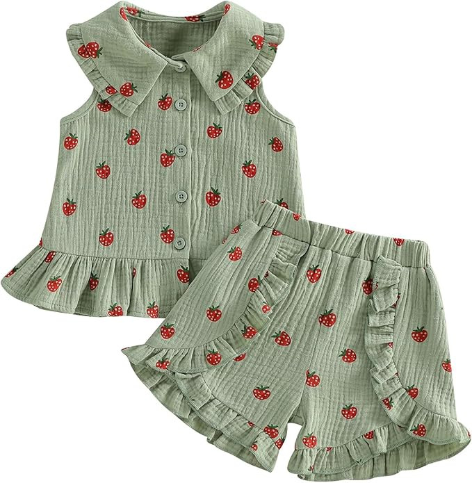 Baby Girl 2Pieces Outfit Strawberry Print Button Down Shirt Tops Cotton Shorts Toddler Little Gir... | Amazon (US)