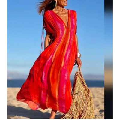 Zara V Neck Bead Appliques Tie Dye midi dress Blogger fav hot pink sz XL | eBay | eBay US