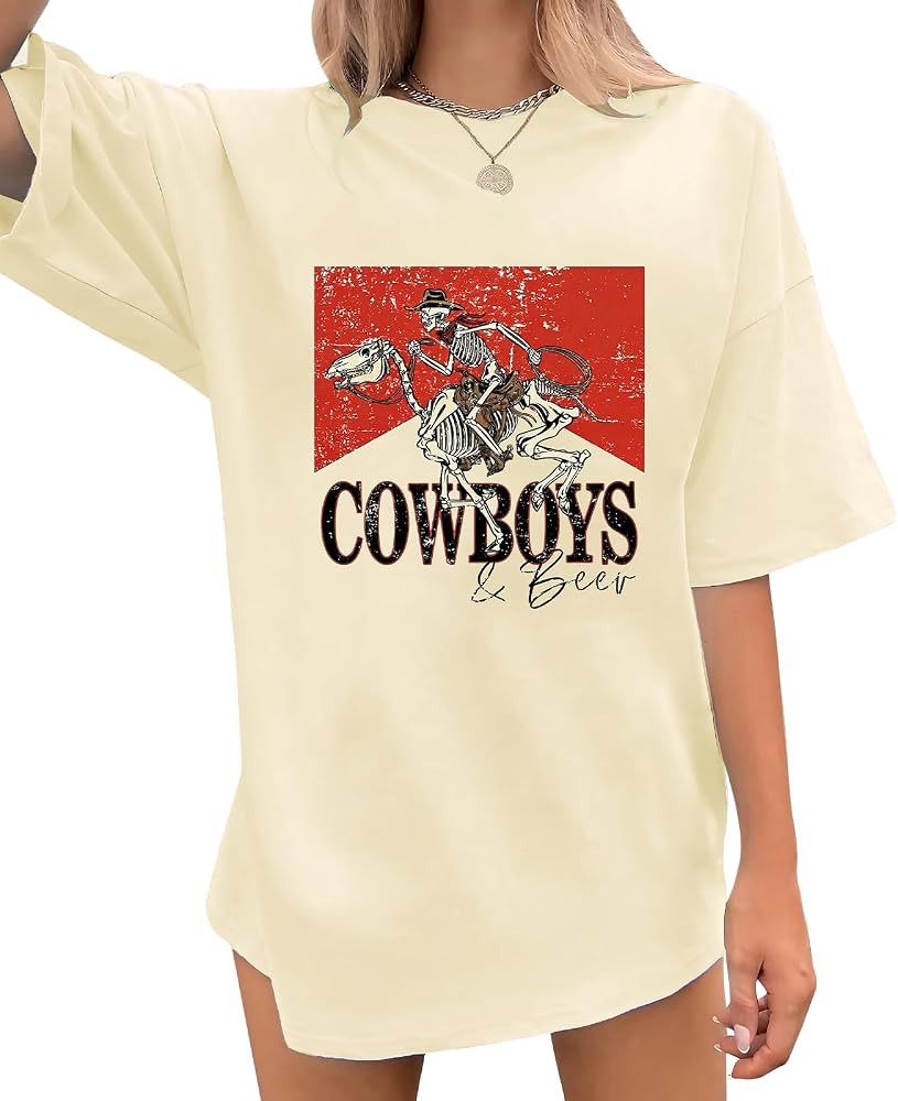 Western Shirts for Women Oversized Cowgirl Tees Vintage Rodeo Tops     Womens Crewneck Top, Soft ... | Amazon (US)