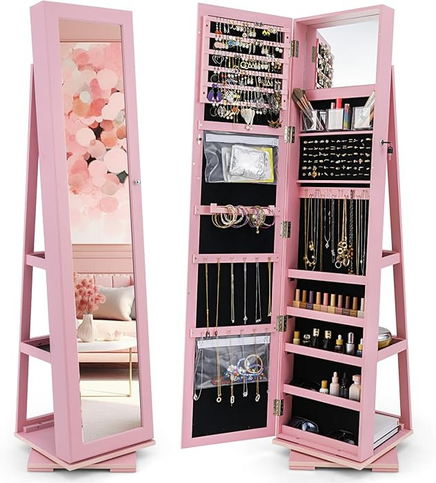 CHARMAID 360° Swivel Jewelry Armoire with Full Length Mirror, Standing Lockable Jewelry Cabinet ... | Amazon (US)