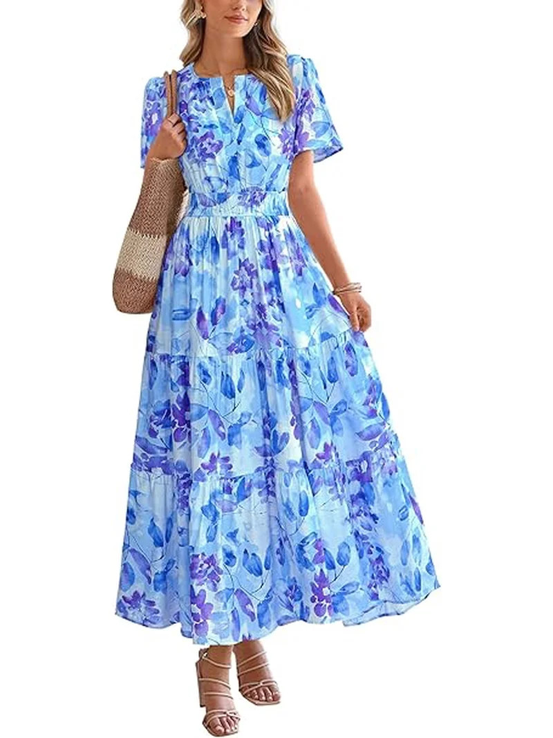 BTFBM Womens Summer Floral Maxi Dresses V Neck Short Sleeve Boho Casual Flowy Long Wedding Guest ... | Walmart (US)