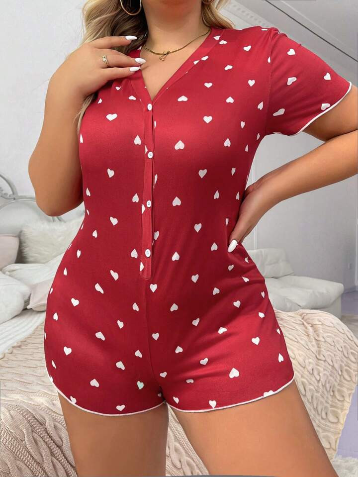 Plus Size Heart Printed Pajamas Romper | SHEIN
